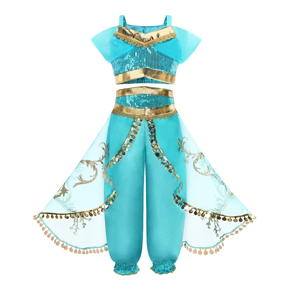 Jasmine Princess Dress for Girls Cosplay Aladdin Magic Lamp Costume Outfit Girls Halloween Kids Birthday Carnival Dance Vestidos