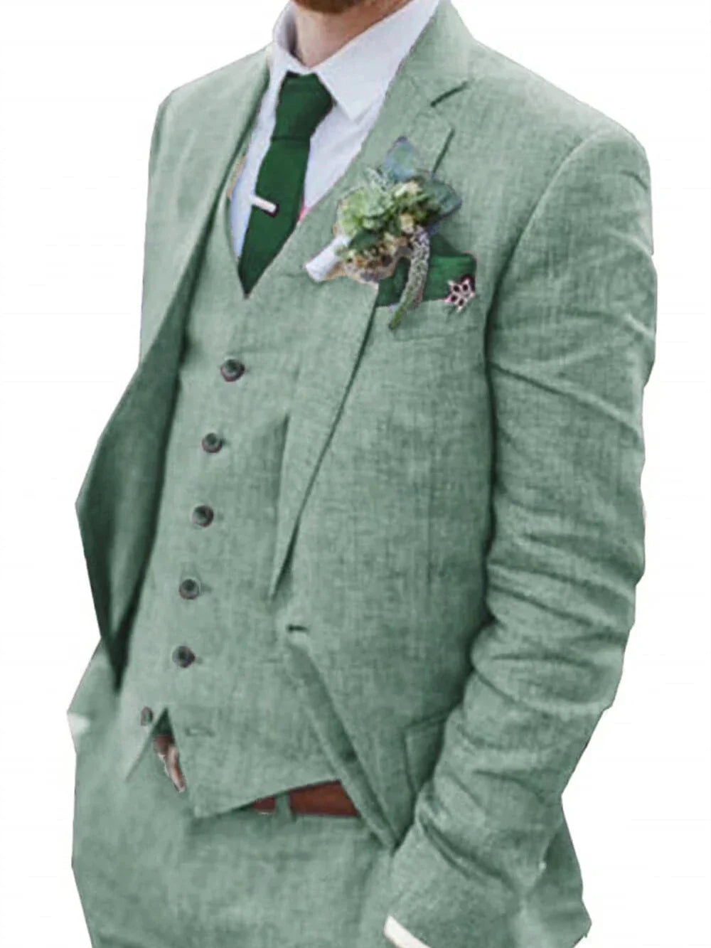 High-End Retro Linen Men Suit Beach Wedding Suit Summer Slim Fit 3 Pieces Light Weight Linen Suit Jacket Vest Pant
