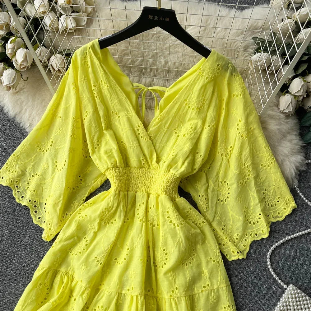 White/Purple/Blue V Neck Summer New Lace Embroidery Dress Women Short Sleeves Dresses Female Vintage Party Beach Midi Dresses