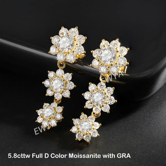 Luxury Sunflower 2.8-5.8cttw Full D Color Moissanite Drop Earrings for Women S925 GRA Certified Diamond Tassel Earring Gift