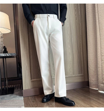Men's Pleated Trousers, Elastic Waist, Wide-Leg, Casual Suit Pants, 2026 Spring, White/Black, S-4XL