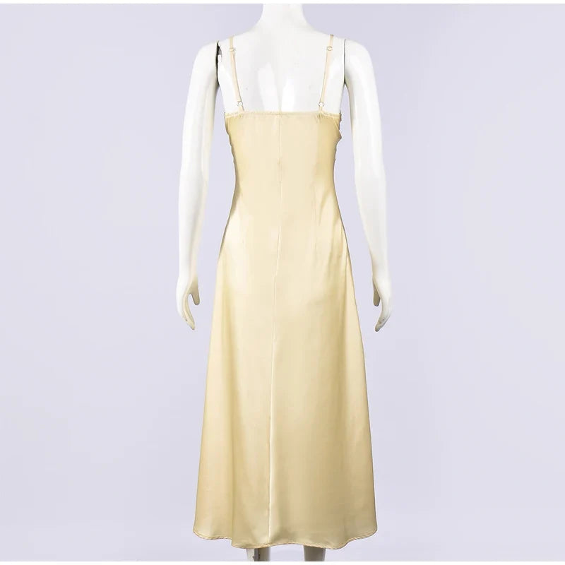 Women Sexy V-neck Satin Sling Maxi Dresses Chic White Lace Patchwork Sleeveless Backless Slim Gowns Summer Evening Party Dress