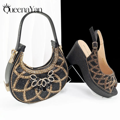 African Shoe and Bag Set for Wedding Women Shoes and Bag To Match Set with Rhinestone Italy Pumps Women Shoes Luxury
