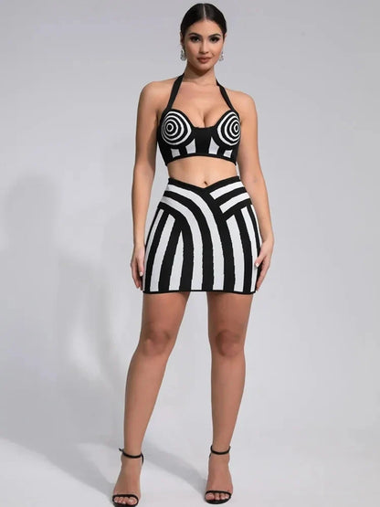 2025 New Women Celebrity Sexy Jacquard Black White Two Piece Bodycon Striped Bandage Skirt Set Designer Evening Party Dress
