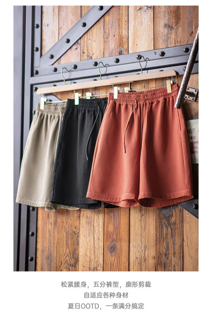 Retro Profile Waffle Fabric Shorts Loose Straight Thin Breathable Elastic Waist Basketball Shorts for Men's Summer