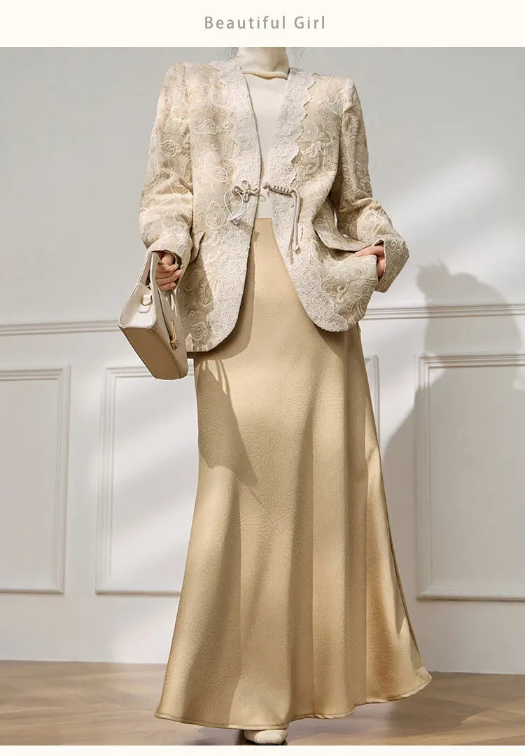 Women's Jacquard Blazer Lace Patchwork Frog Button Jacket Chinese Style Slim Fit Elegant Office Wear Spring Autumn Coat