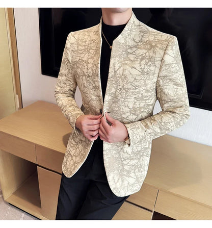 New Chinese Style Stand Up Collar Jacquard Suit Coats Men Slim Business Casual Fashion Suits Jacket Formal Social Party Tuxedos