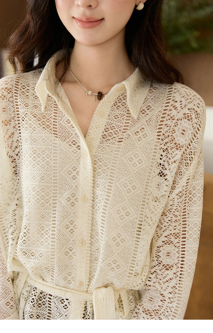 Women's Hollow-out Lace Shirt Camisole Set 2026 Spring Lapel Drawstring Waist Sheer Casual Two-Piece Knitwear MXF108C0816