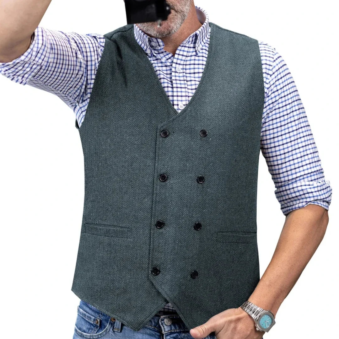 Men Vest Brown Herringbone Double Button Waistcoat For Wedding Birthday Banquet Party Business Office Work Men Suit Vest