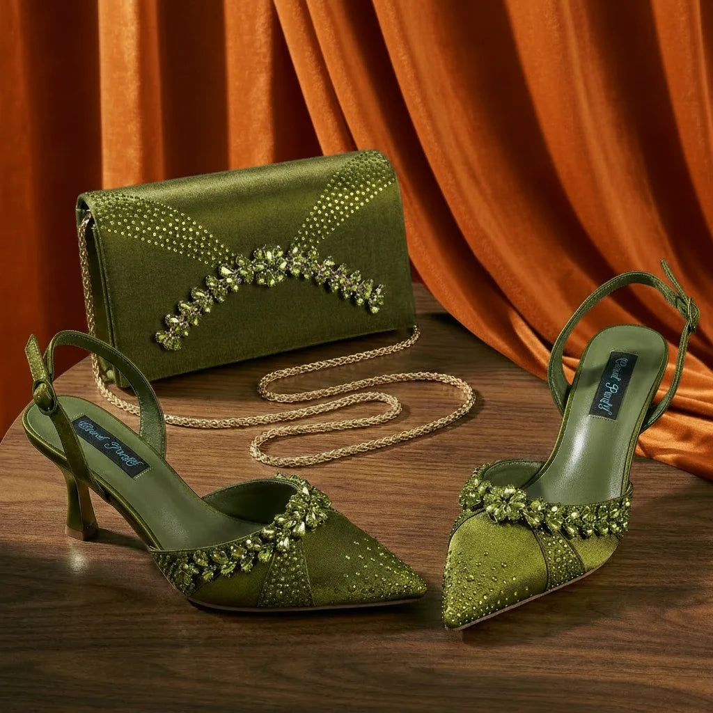 2026 Italian Inspired Gold Rhinestone HAND CRAFTED UPPER Pointed Toe Women High Heels Shoes and Bag Set Elegant Party Shoes