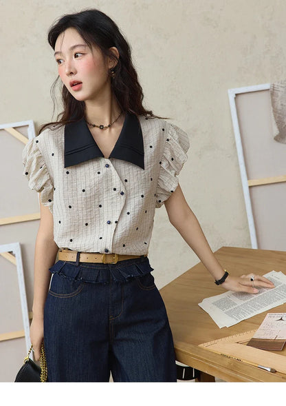 Summer Office Lady Blouses Women 2025 Short Sleeve Turn-down Collar Polka Dot Shirts Female Fashion Slim Tops MXE31C0776