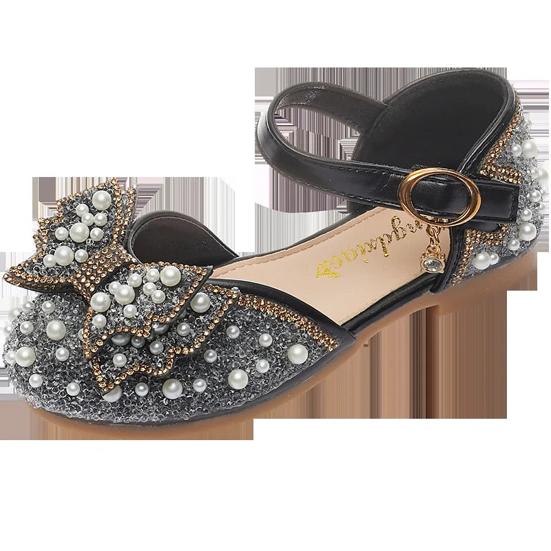 2026 New Summer Girls Sandals Cute Bow Pearl Sequins Kids Princess Shoes Flat Heels Dancing Shoes Size 21-36