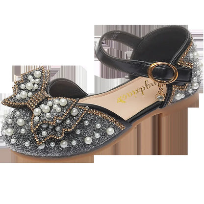 2026 New Summer Girls Sandals Cute Bow Pearl Sequins Kids Princess Shoes Flat Heels Dancing Shoes Size 21-36
