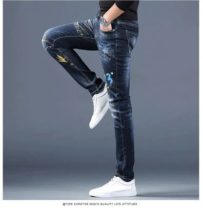 Harajuku Fashion Men's High-end Embroidered Jeans Korean Style Prints Patches Slim Fit Casual Spring Autumn Cowboy Trousers