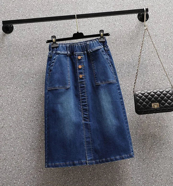 Summer New Women Elastic Waist Denim Skirts Korean Style Elegant Oversized High Waist Slit Skirts Mid Length Ladies Skirts