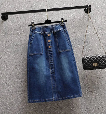 Summer New Women Elastic Waist Denim Skirts Korean Style Elegant Oversized High Waist Slit Skirts Mid Length Ladies Skirts