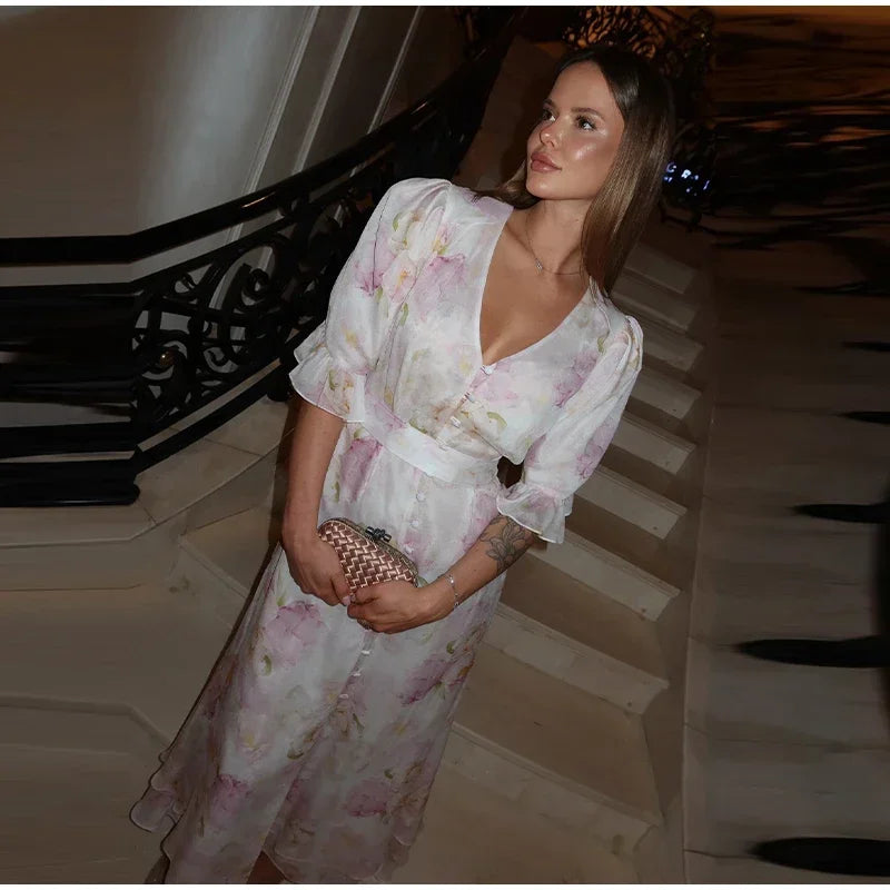 V-neck Organza Floral Chiffon Puff Sleeve Slit Long Dress Bodycon High Slit Bodycon Sexy Dresses Lady Chic Daily Sweet Date Robe