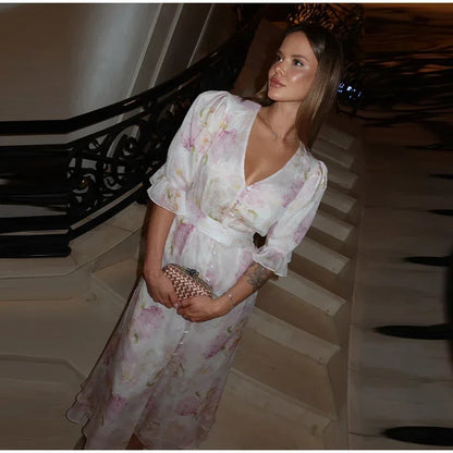 V-neck Organza Floral Chiffon Puff Sleeve Slit Long Dress Bodycon High Slit Bodycon Sexy Dresses Lady Chic Daily Sweet Date Robe