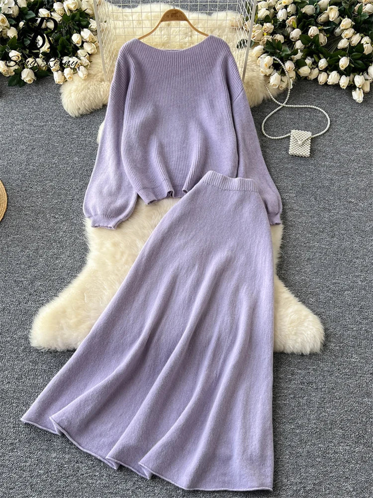 Autumn Casual Two Pieces Sets Women O-Neck Loose Knitting Top+Elastic Waist Large Swing Skirt Basic Korean Winter Sets