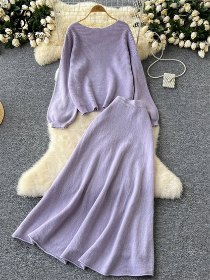 Autumn Casual Two Pieces Sets Women O-Neck Loose Knitting Top+Elastic Waist Large Swing Skirt Basic Korean Winter Sets