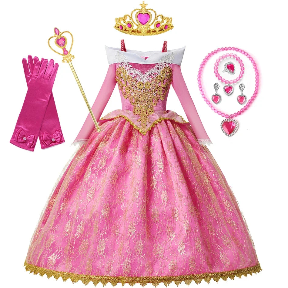 Girls Princess Dress Sleeping Beauty Aurora Cosplay Costume 2025 Kids Carnival Birthday Party Pink  Long Sleeve  Evening Dresses