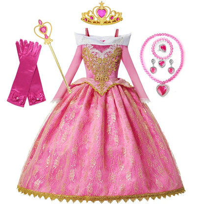 Girls Princess Dress Sleeping Beauty Aurora Cosplay Costume 2025 Kids Carnival Birthday Party Pink  Long Sleeve  Evening Dresses