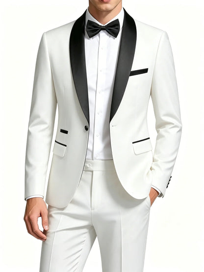 Men's Black Satin Shawl Lapel Tuxedo Suit 2 Pieces, Slim Fit Formal Blazer & Pants for Wedding Party Prom Groom Outfit