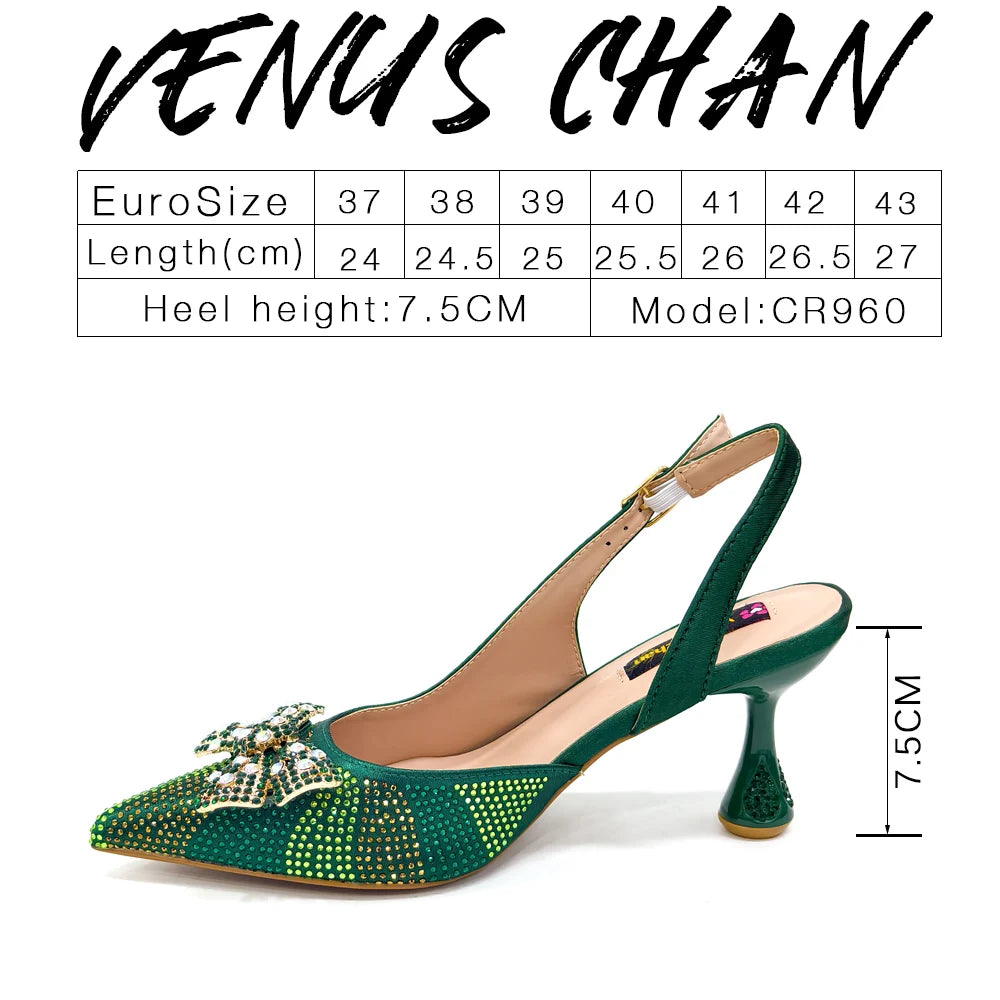 Green Color Pointed-Toe High Women Heels Shoes and Bags for Women Rhinestone Evening Party Elegant Luxury Handbag