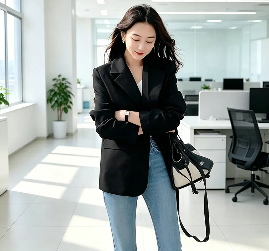 Chic Black Oversized Blazer for Women, Casual Office Lady Suit Jacket, Y2K Fashion Business Blazer, Spring Autumn Streetwear Out