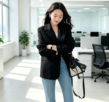 Chic Black Oversized Blazer for Women, Casual Office Lady Suit Jacket, Y2K Fashion Business Blazer, Spring Autumn Streetwear Out