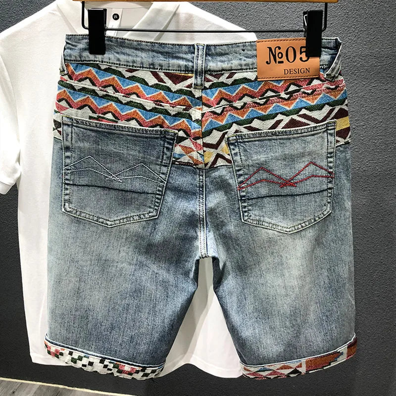 Summer New Denim Shorts Men's Stitching Embroidery Ripped Knee-length Shorts White Black Retro Blue Fashion High Quality Jeans