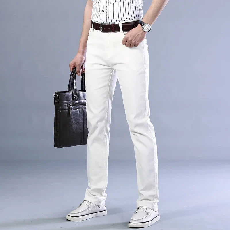 White Jeans Men's Fashion Straight Elastic Cotton Denim Pants Spring Autumn All-match Business Casual Trousers Male Clothes