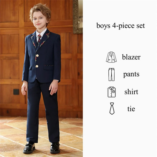 Navy Children's Fashionable Suit Set 4 Pieces Stage Performance Wear Formal Classic School Uniform For Boys And Girls