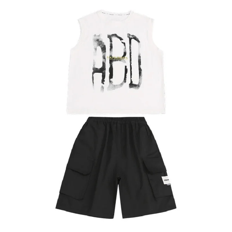 Summer Boys Cotton Sleeveless Alphabet T-Shirt Tops+Shorts Workout Sets School Kids 2PCS Tracksuit Child Jogging Outfits 5-16 Yr