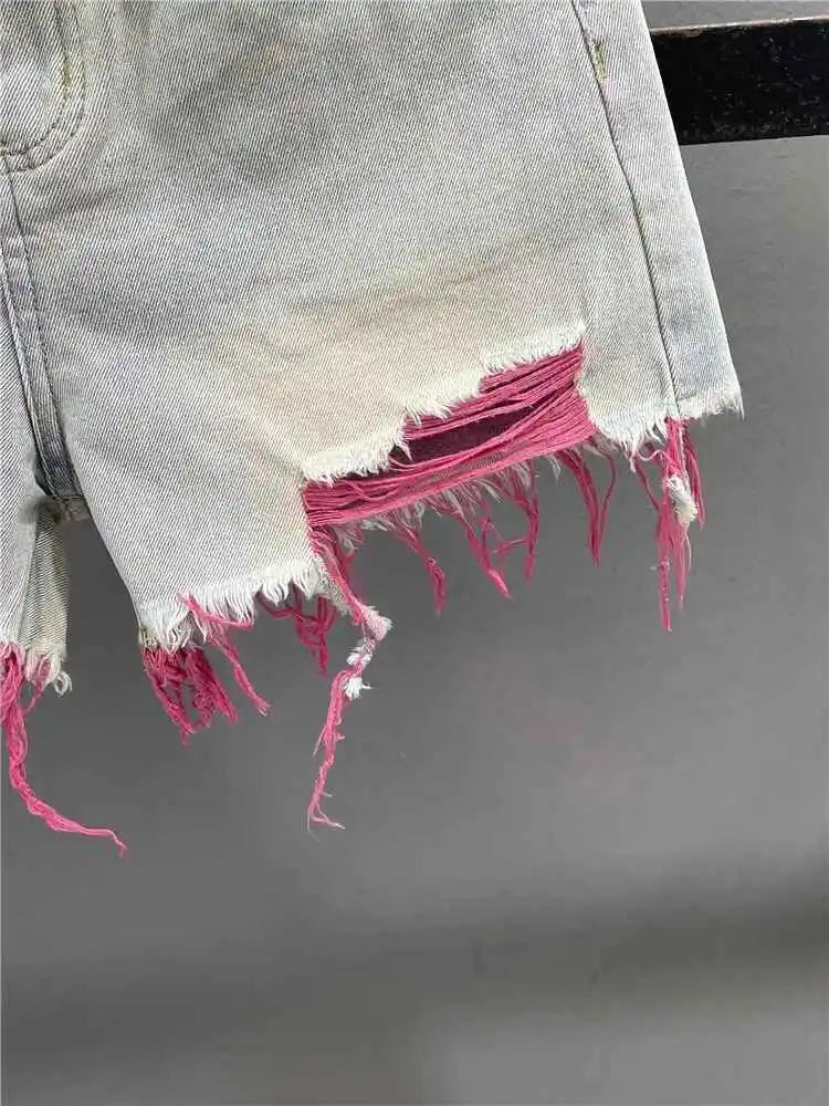 Korean Style Pink Hole Denim Shorts Women Summer New High Waist Raw Edge A-line Hot Girls Shorts Fashion Niche Slim Hot Pants