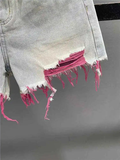 Korean Style Pink Hole Denim Shorts Women Summer New High Waist Raw Edge A-line Hot Girls Shorts Fashion Niche Slim Hot Pants