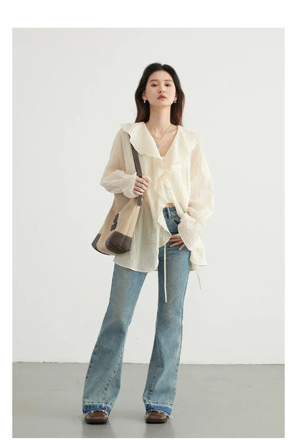 Women Shirt Loose Casual Ruffled Edges Female Blouses Solid V Neck Lace Up Mid Length Ladies Shirts Spring Summer 2026