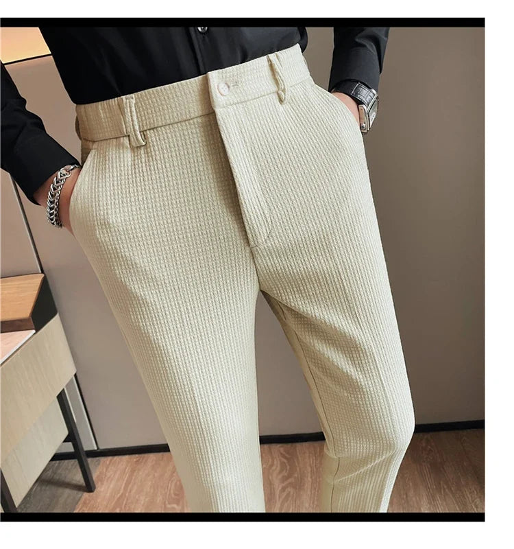 Men's Waffle Casual Pants Fashion Korean Stretch Waist Business Formal Pants Mens Social Party Suit Pants Streetwear Pencil Pant