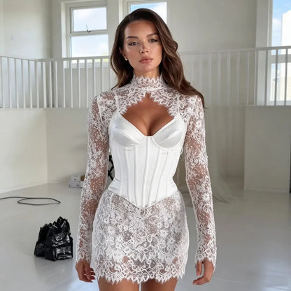 Sexy Mini Bride Gowns Backless Full Sleeve High Neck Lace Reception Wedding Dress Above Knee Bodycon Bride Dresses Customized
