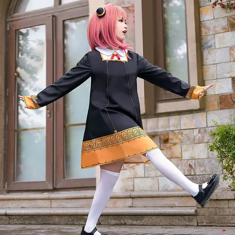 Anime SPY X FAMILY Anya Forger Cosplay Costume Black Dress Uniform Child Girls Pink Wig Stockings Party Role Outfit Adults Kids