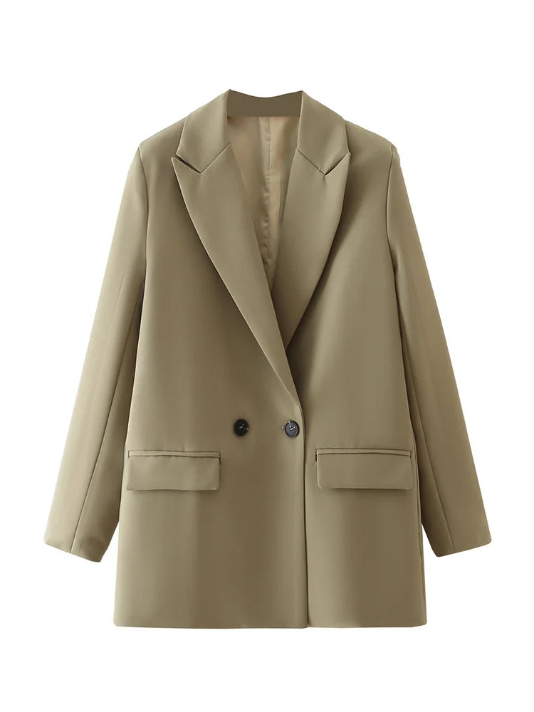 Women Chic Office Lady Double Breasted Blazer Vintage Coat Fashion Notched Collar Long Sleeve Ladies Outerwear Stylish Tops