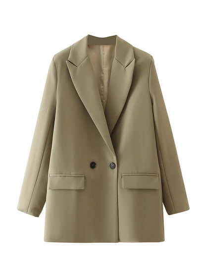 Women Chic Office Lady Double Breasted Blazer Vintage Coat Fashion Notched Collar Long Sleeve Ladies Outerwear Stylish Tops