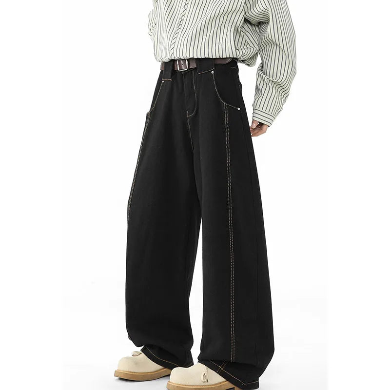 Japanese Korean Casual Black Straight Leg Jeans Men'S Spring Autumn Jeans High Street Loose Pants Wide Leg Pants