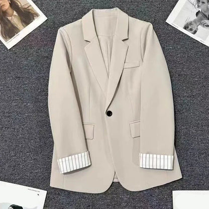 2025 New Beige Notched Collar Jacket Women Korean Chic Patchwork Long Sleeve Small Suit Coat Casual Simple Single Button Blazers