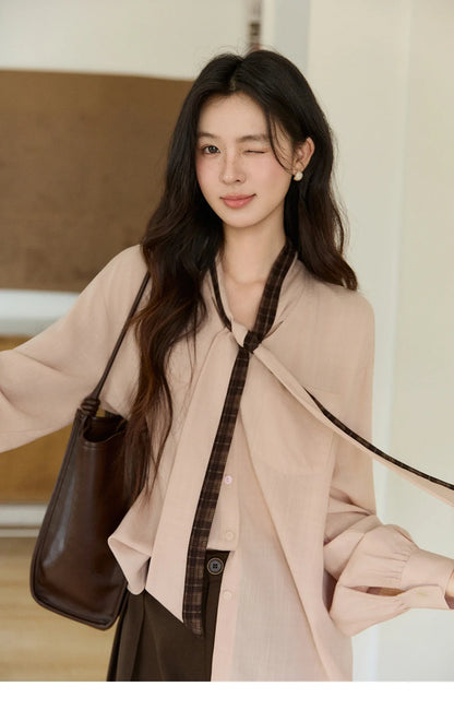 Women's Dusty Pink Shirts Spring Plaid Tie Neck Loose Casual Shirt 100 Lyocell Lantern Sleeve Top Office Lady MXF108C0817
