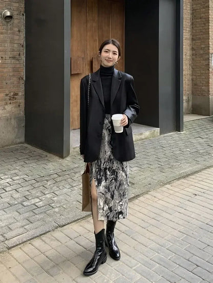 Blazer Woman PU Leather Black Outerwears Long Over Loose Jacket Coats for Women Solid Clothes Dress Korean Style Fashion 2025