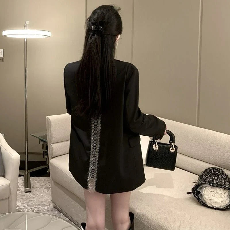 Premium Black Blazer for Women Spring Autumn New Arrival Sexy Backless Chain Accent Oversized Single Button Chic Feminine Design