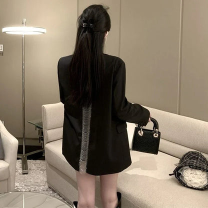 Premium Black Blazer for Women Spring Autumn New Arrival Sexy Backless Chain Accent Oversized Single Button Chic Feminine Design