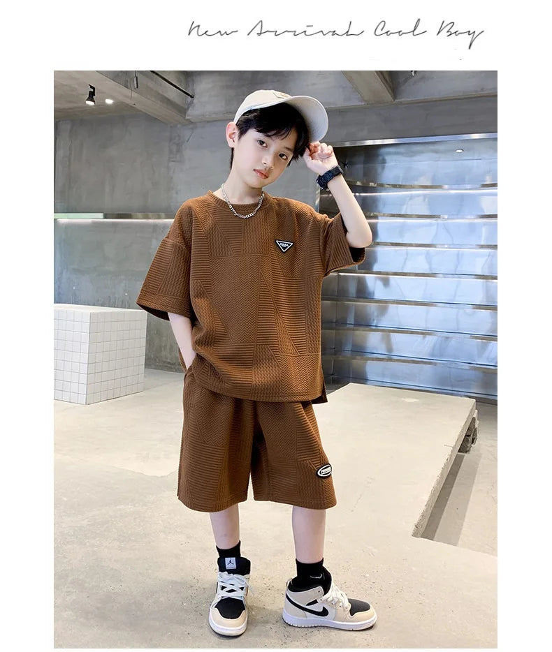 Summer Casual Boys Jacquard Loose T-Shirt Tops+Shorts Pant School Kids 2PCS Tracksuit Child Outfits Student Workout Set 3-14 Yr