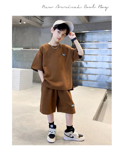 Summer Casual Boys Jacquard Loose T-Shirt Tops+Shorts Pant School Kids 2PCS Tracksuit Child Outfits Student Workout Set 3-14 Yr